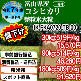 黒部コシヒカリ整粒米 精白米 富山県 R7年産【IK-FKA07203-TB 5kg袋×6入】