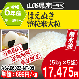 山形県産 はえぬき R6年度 25kg JK-ASA06023-IS-15  【代引】