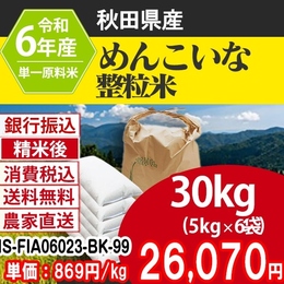 めんこいな 整粒米 秋田県 大館 R6年 銀行振込 IS-FIA06023-BK-99