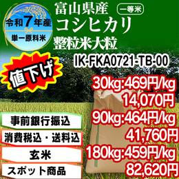 黒部のコシヒカリ 整粒米 玄米 富山県 R7年産【IK-FKA07213-TB-00】