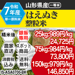 はえぬき 精白米 山形県置賜 R7年 整粒米 【IS-ASA07003-BK-99】